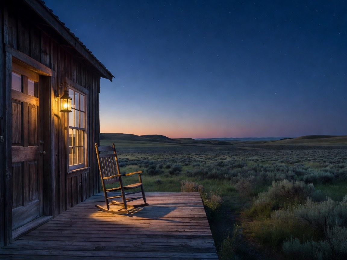 The lantern-lit front porch of the house at dusk — the prairie fading into blue twilight