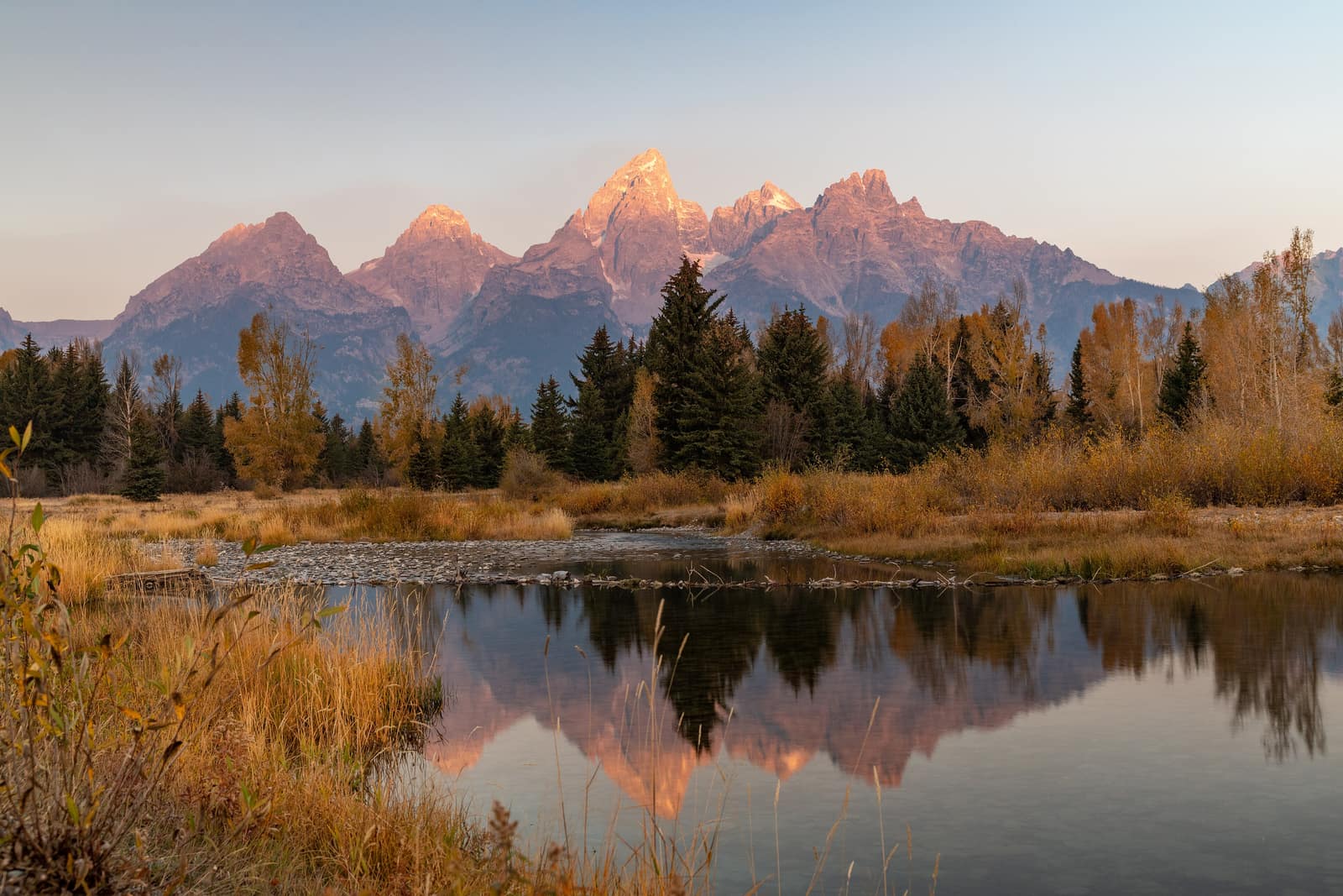 The Teton range in alpenglow above a calm river, autumn foliage along the bank.