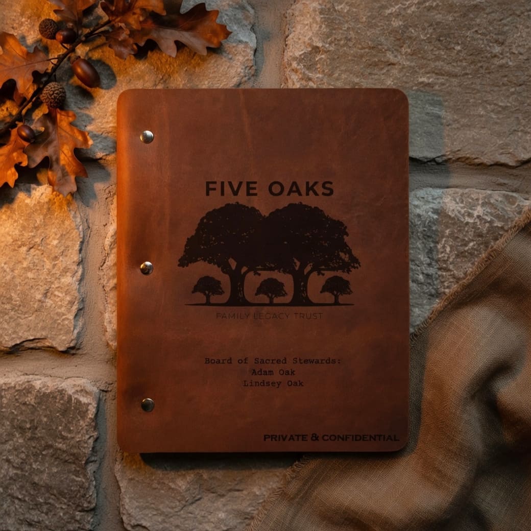 A dark leather trust folio embossed with the words Five Oaks above a silhouette of oak trees, leaning against a stone wall.