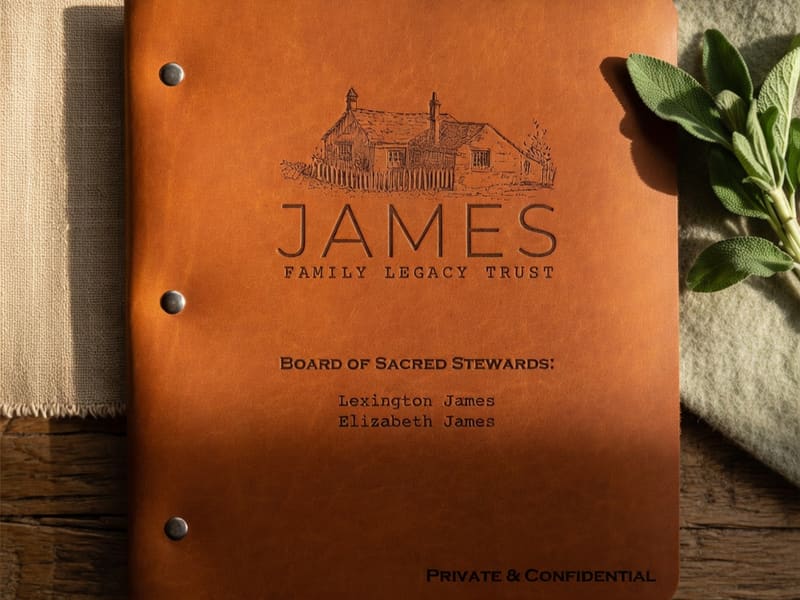 A caramel leather trust folio embossed with a rustic house and the words James Family Legacy Trust, on a wooden table beside a small green sprig.