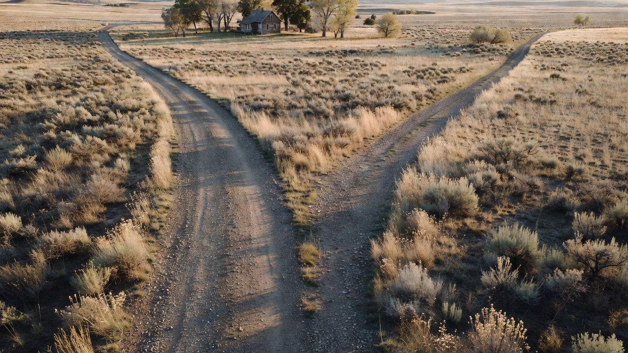 A gravel road forking in a Y across dry sagebrush prairie, one branch curving toward a distant farmhouse among trees and the other fading into open range at golden hour.