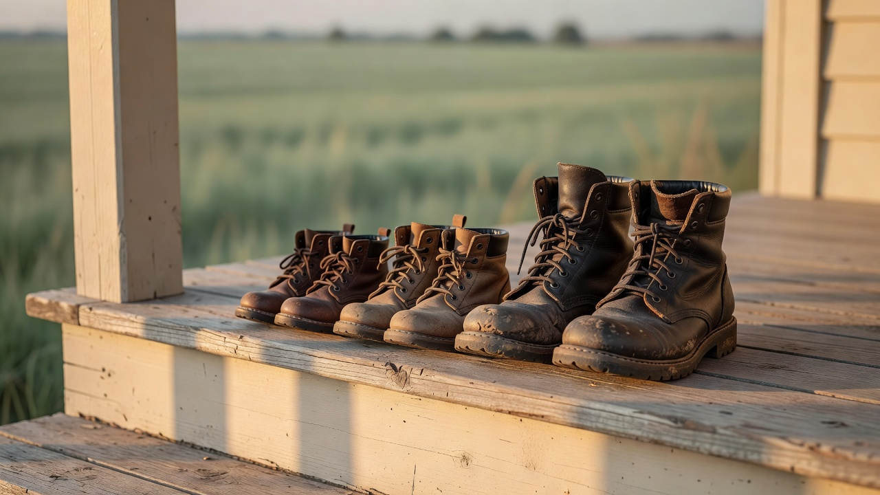 Three pairs of worn leather work boots lined up on a sunlit porch step, a green field softly out of focus behind them.