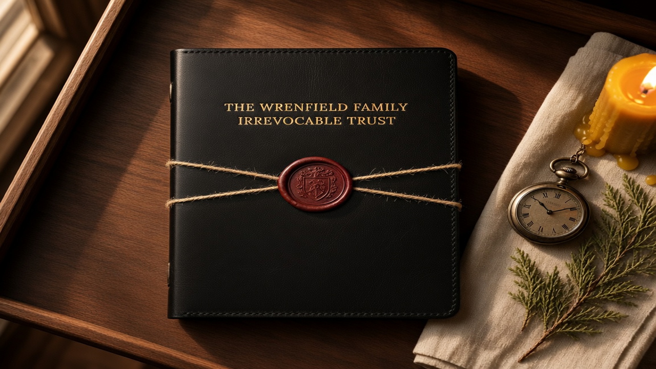 A closed onyx-black hand-bound leather folio embossed 'The Wrenfield Family' and 'Irrevocable Trust' in gold, sealed with crimson wax on a linen cord beside a lit beeswax candle, warm low light falling across the cover.