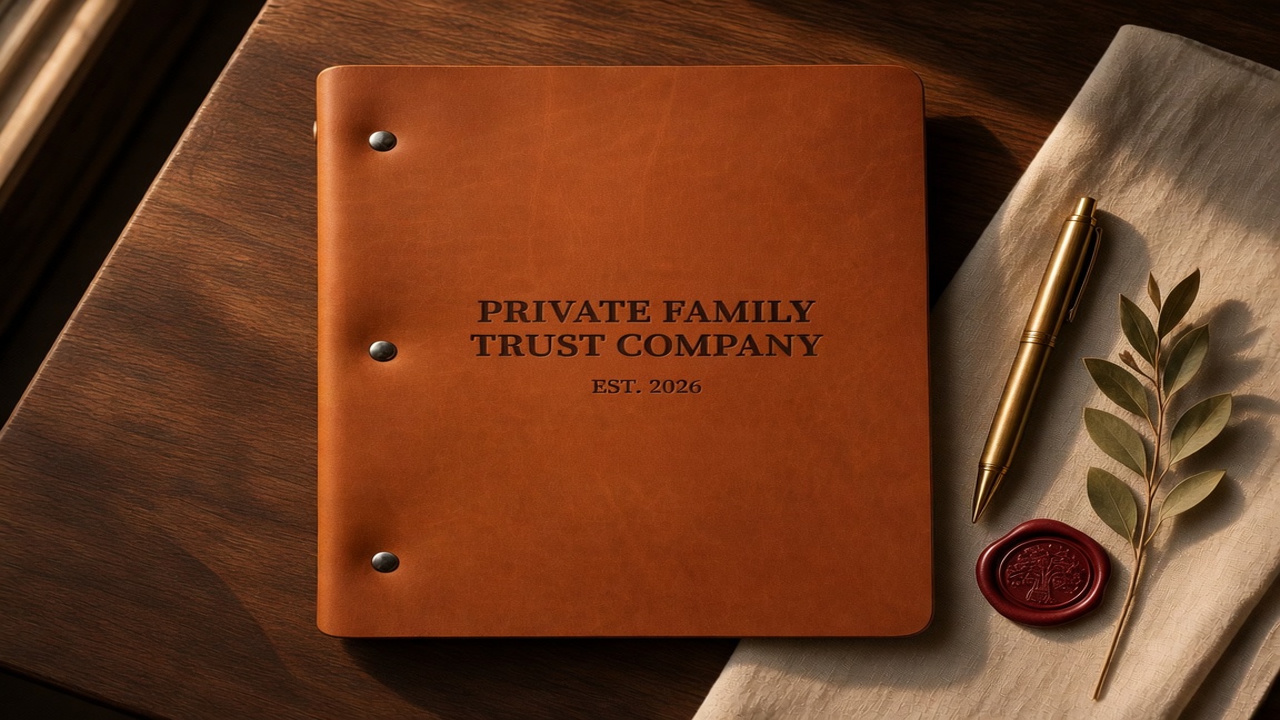 A hand-bound leather folio embossed 'Private Family Trust Company' at rest on a dark walnut table in warm raking light, a wax seal and brass pen beside it.