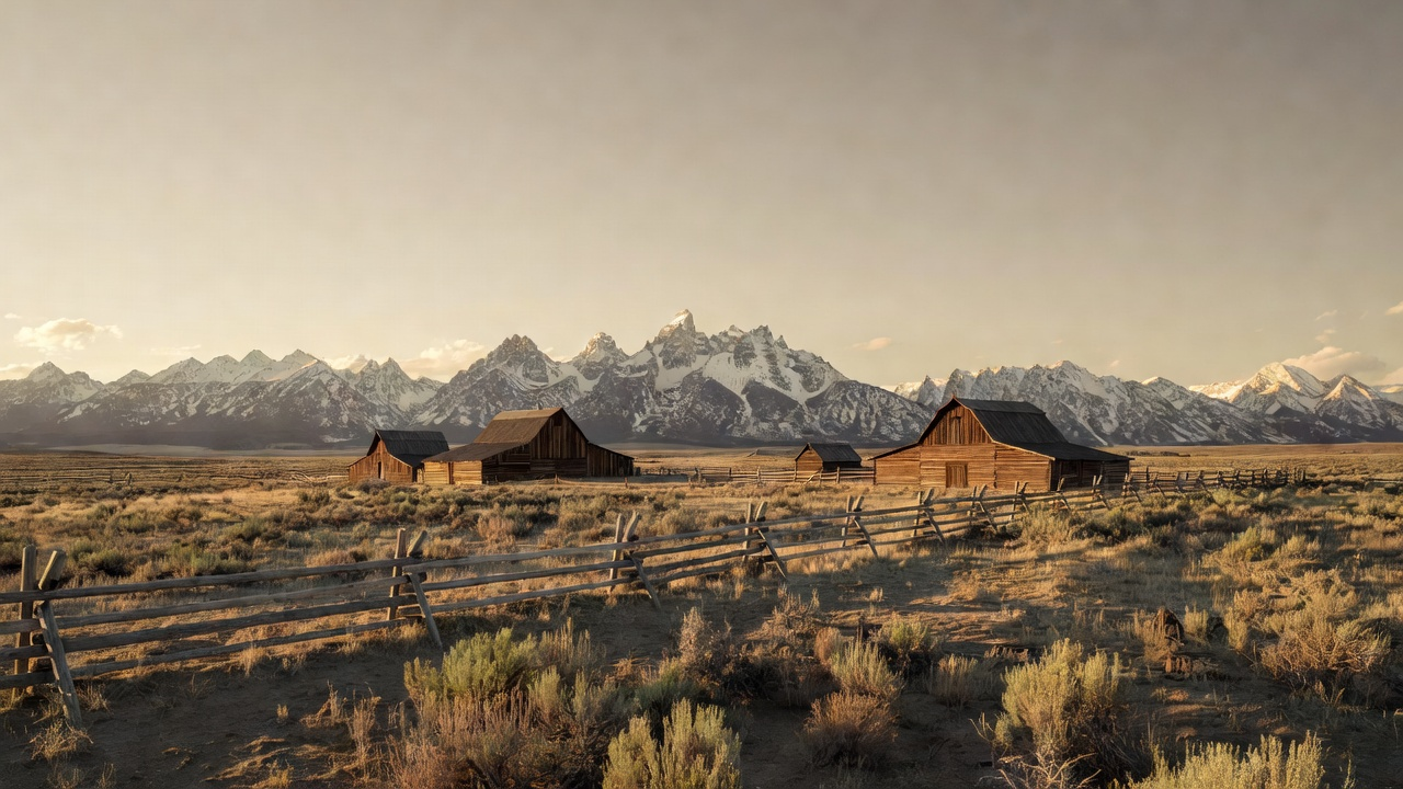 A weathered split-rail fence and dry sagebrush below the snow-capped Teton range and historic Mormon Row barns, warm low golden-hour light and long shadows.