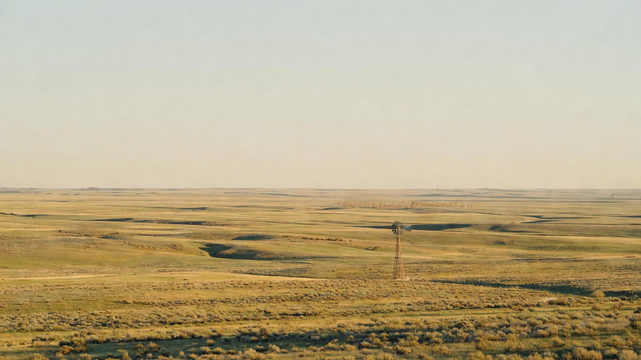 Open Wyoming sagebrush high plains at golden hour running to a flat horizon under a vast sky, with a lone windmill and a far line of cottonwoods.