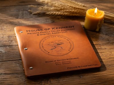 The House of Kennedy trust folio — cognac leather embossed with a circular Great Seal, staged on an aged oak table in warm golden light